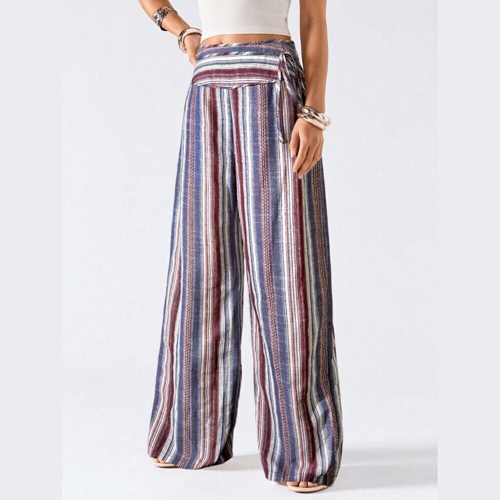 Blue Multicolor Striped Wide Leg Tie Waist Lightweight Crinkled Pants